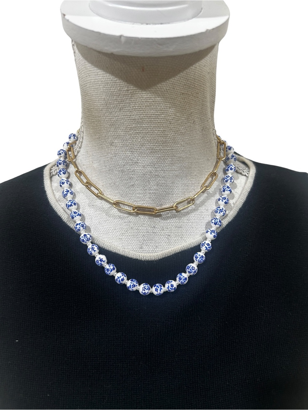 NWT Cabi layered blue White Bead & Gold link Chain necklace & Hoop Earrings set
